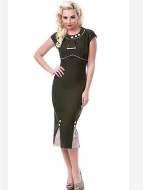 Stop Staring Olive Midi Dress with Cream Trim